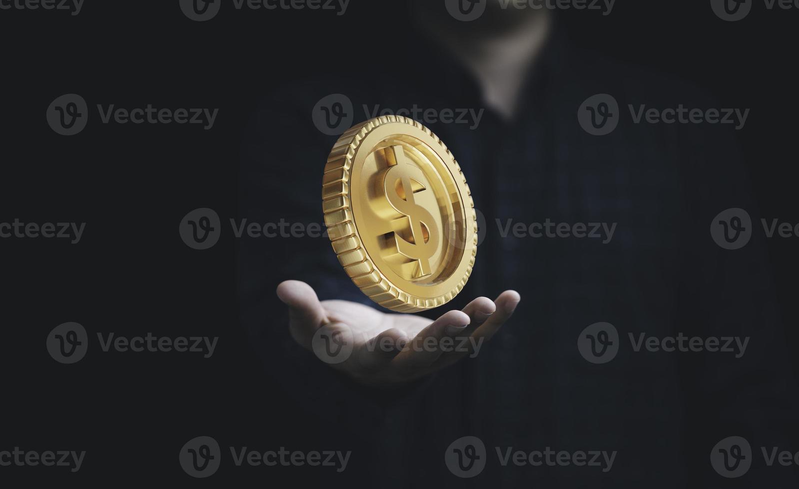 Businessman holding golden USD coin , Dollar is the main currency exchange in the world from United stated of America. photo