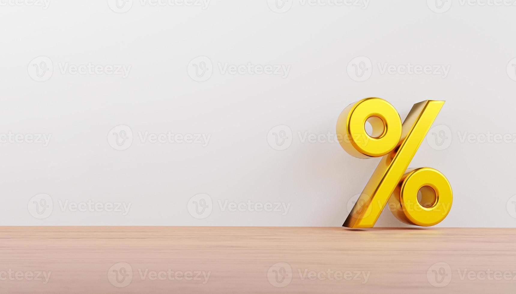 Golden percentage sign on wooden floor and white wall for add number of shopping discount , Shopping promotion and advertisement display concept. 3d render photo