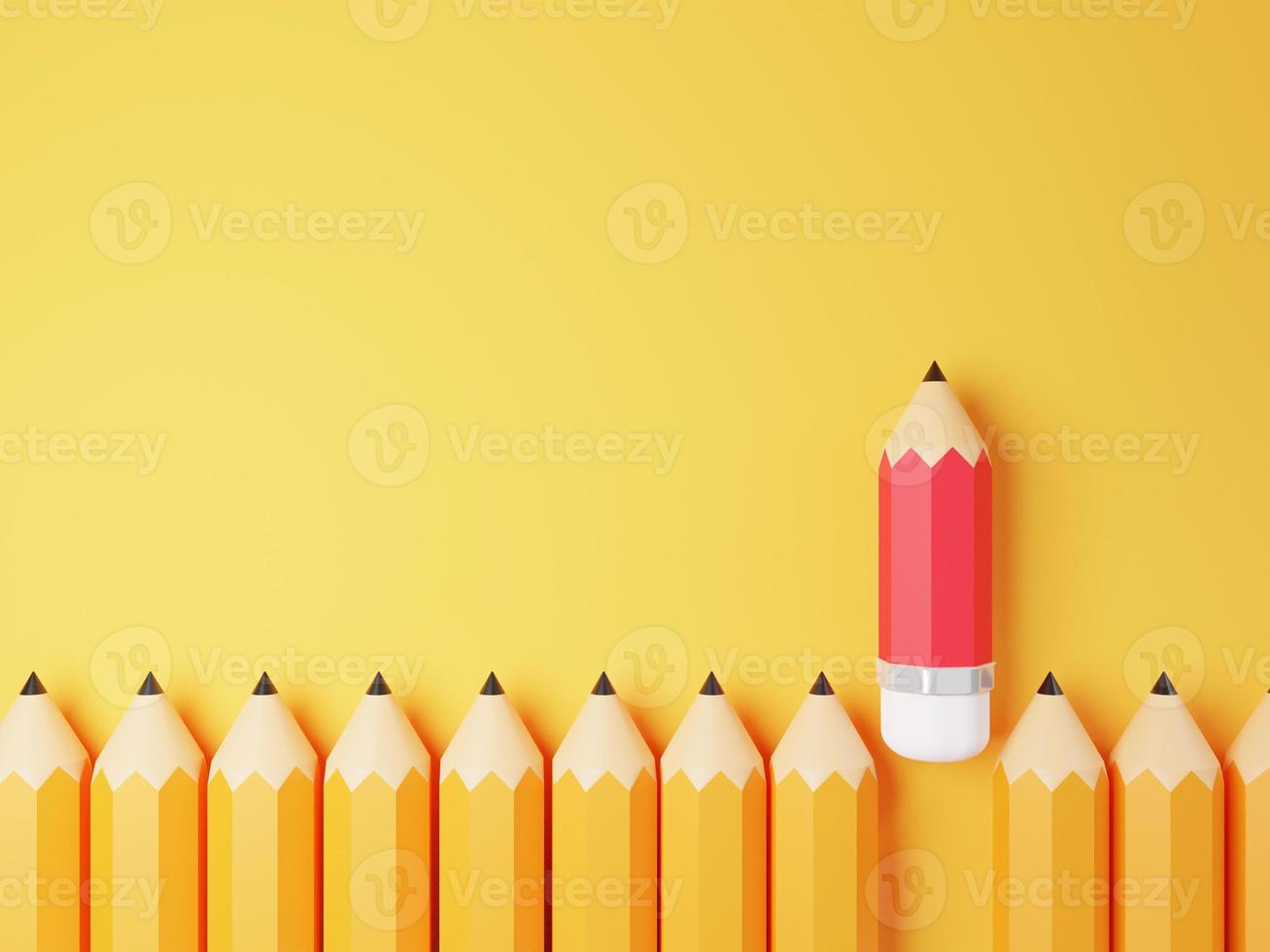 Red pencil move out of yellow pencil group for education disruption or smart leadership concept by 3d render. photo