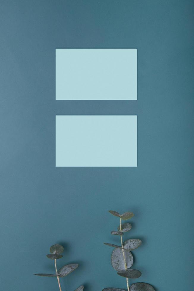 Blank business cards mockup on dark green background with eucalyptus branches top view photo