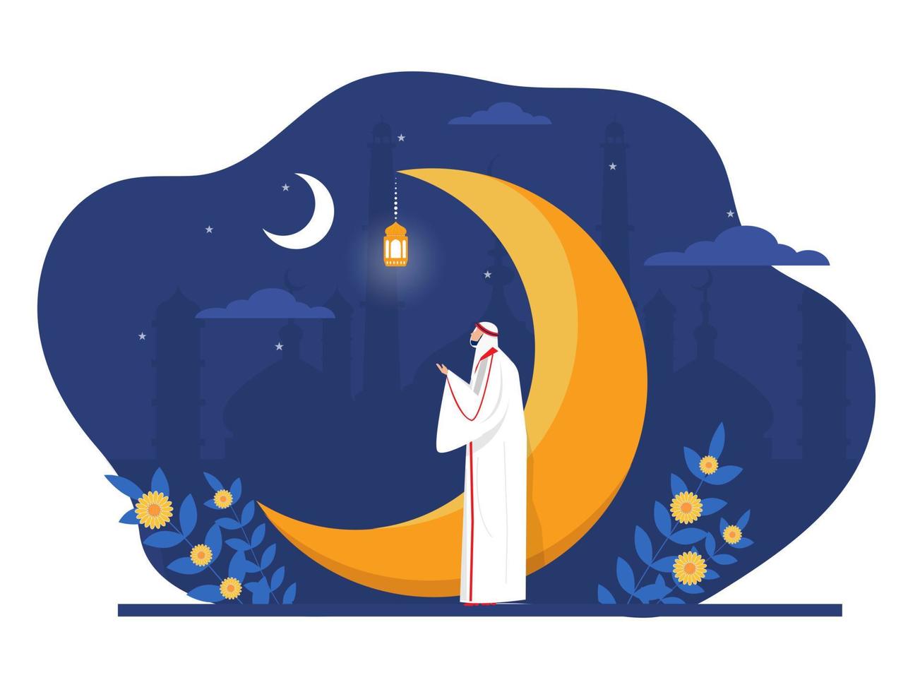 noche de ramadán con hombre árabe musulmán orar del islam ilustración plana mezquita fondo tradicional linterna colgante luz ornamento vector