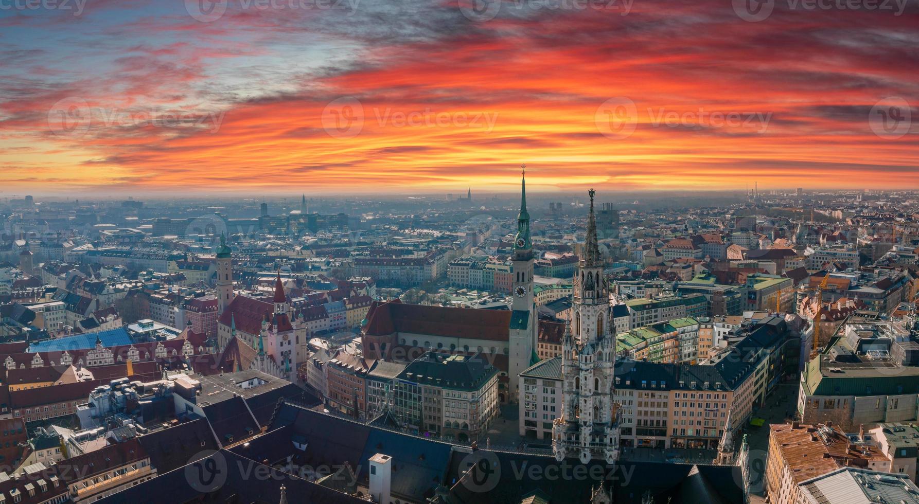 Aerial view on Marienplatz town hall and Frauenkirche in Munich photo