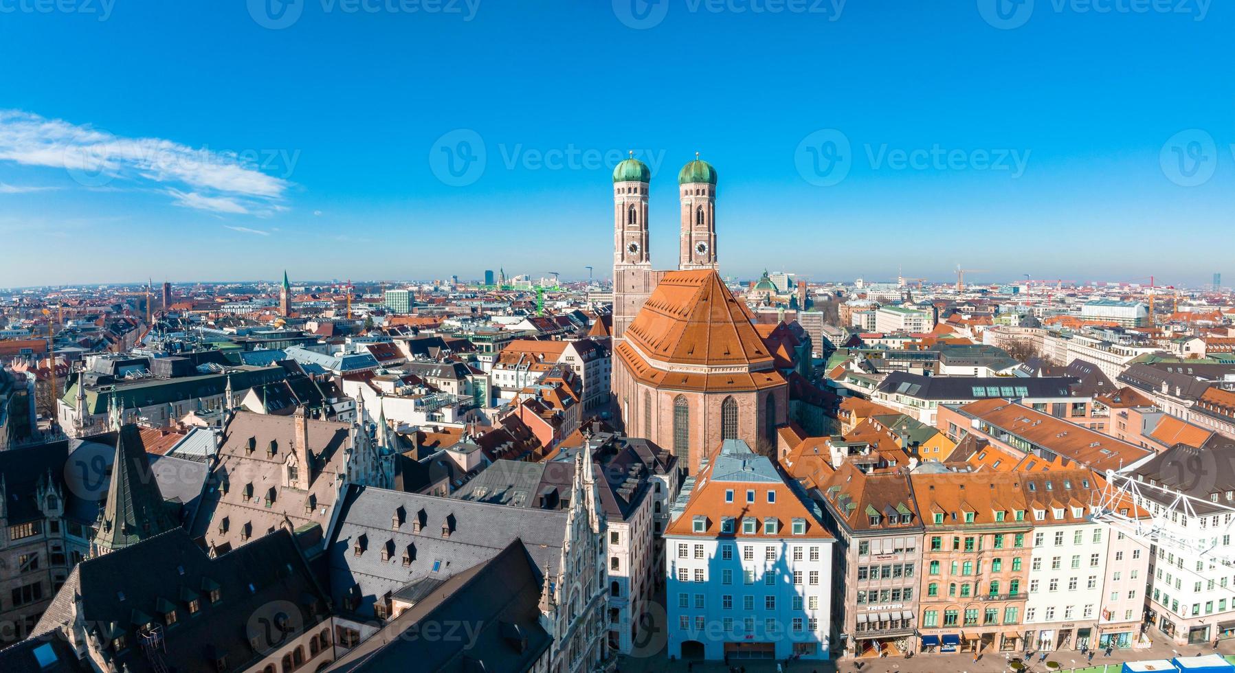 Aerial view on Marienplatz town hall and Frauenkirche in Munich photo