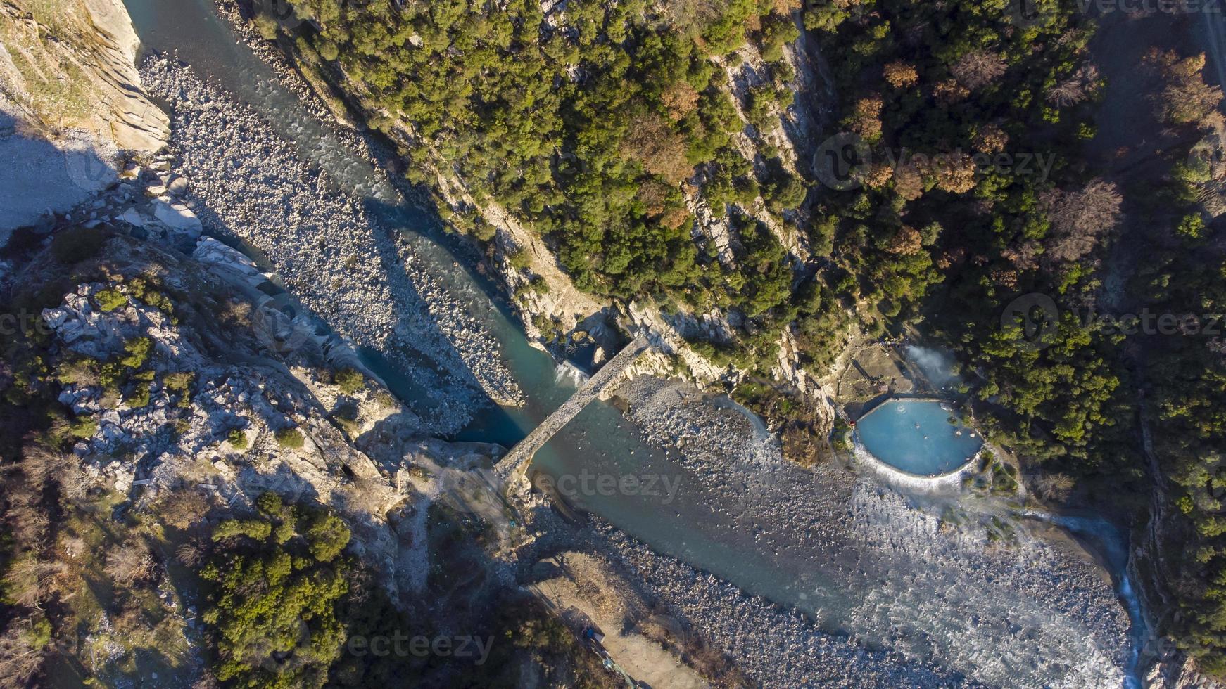 Aerial drone view of people swimming and bathing in hot springs thermal baths on a winter sunny day. Beautiful natural wonders. Connecting with nature. Freedom and searching for a pure state of mind. photo