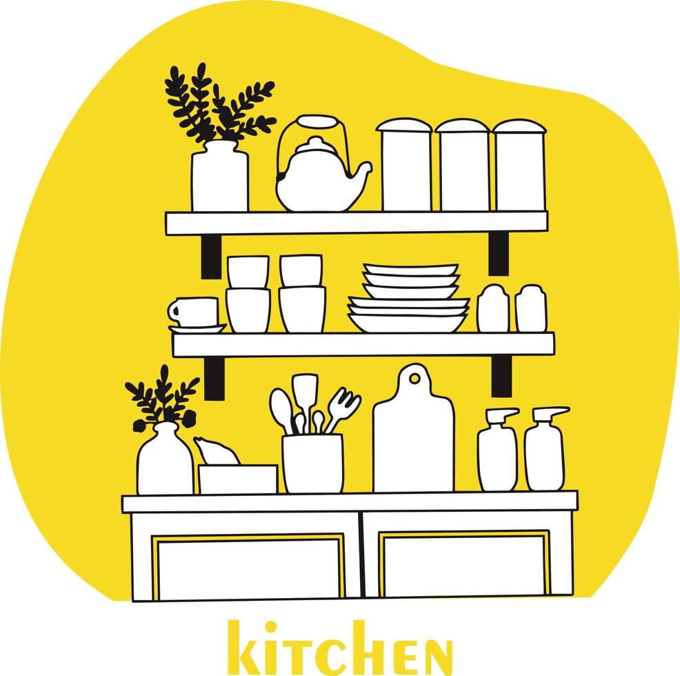 estantes de adococina con utensilios y varias decoraciones para el hogar. conveniencia y disposición de artículos para cocinar. arte lineal, dibujo a mano. vector