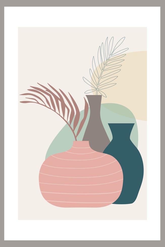 plantilla con composición abstracta de formas simples. hojas de palmeras tropicales en un jarrón. estilo collage, minimalismo vector