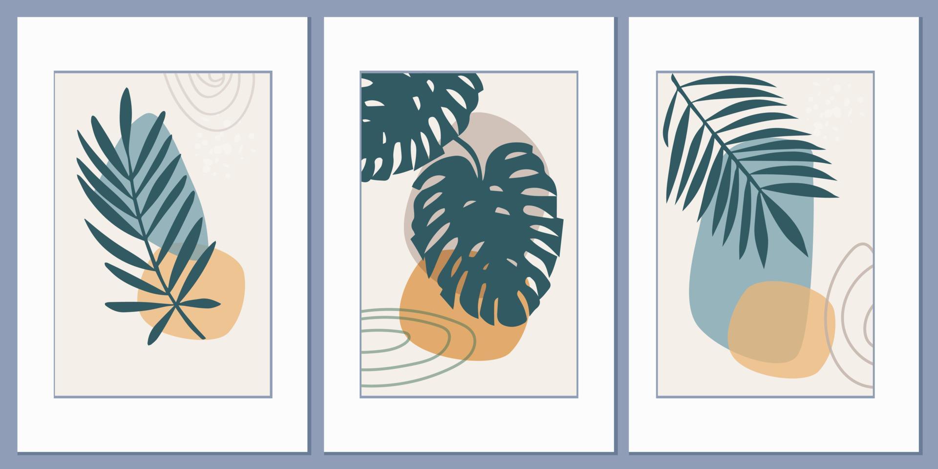 Set of templates with an abstract composition of simple shapes and tropical palm leaves. Collage style, minimalism. vector