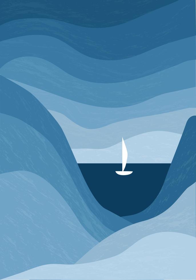 Minimalistic monochrome landscape. Abstract mountains sea for a stylish background. White yacht. Poster in different shades of blue vector