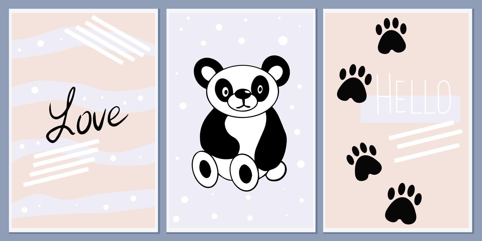 Set of templates for greeting cards and party invitations with animals. Cute Panda. Background child prints. Design vector abstract wall posters with welcome messages