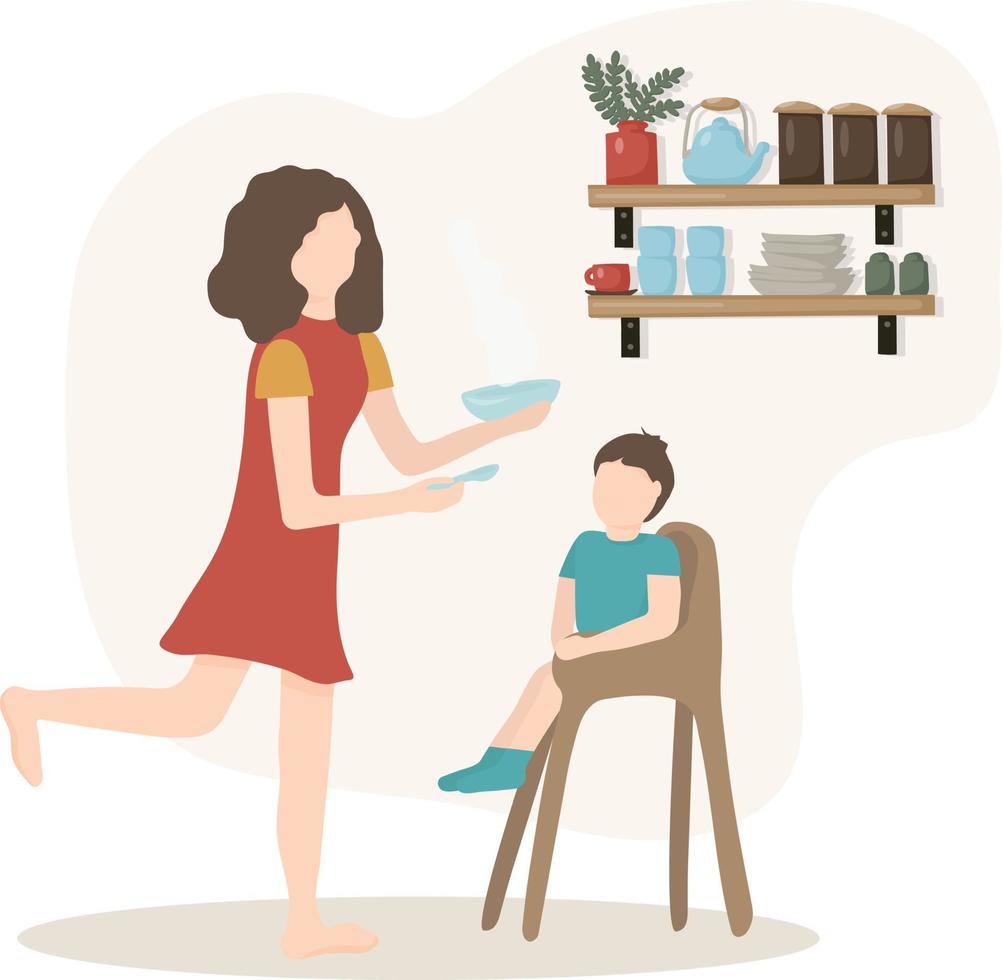 A young woman feeds her baby. The happy mother is holding a spoon and a plate of food in her hand. A young son sits in a baby seat vector