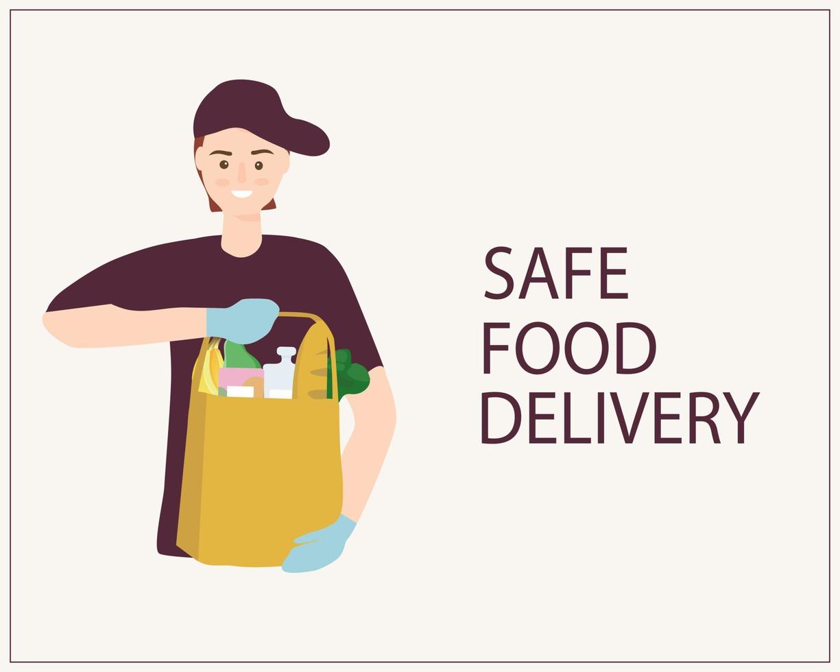 The concept of safe home delivery. The courier holds the package with the goods, hands the customer a fast food. Online store of goods, ordering over the Internet and delivery to the door of the home vector