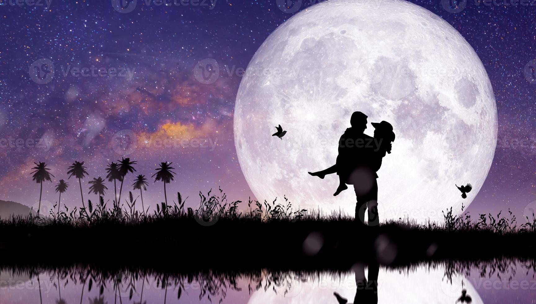 Silhouette of Couple, Lover, Relationship at night landscape. photo