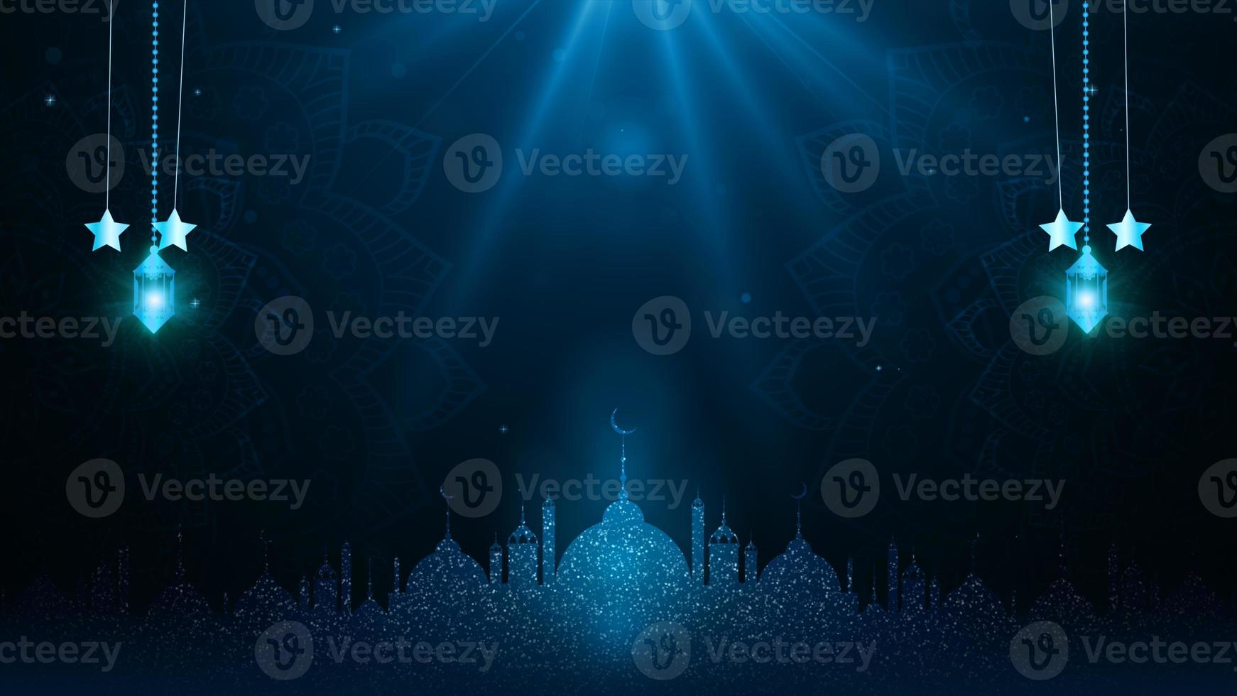 eid al adha mubarak y linternas tradicionales ramadán islámico con partículas e iluminación sobre fondo azul foto