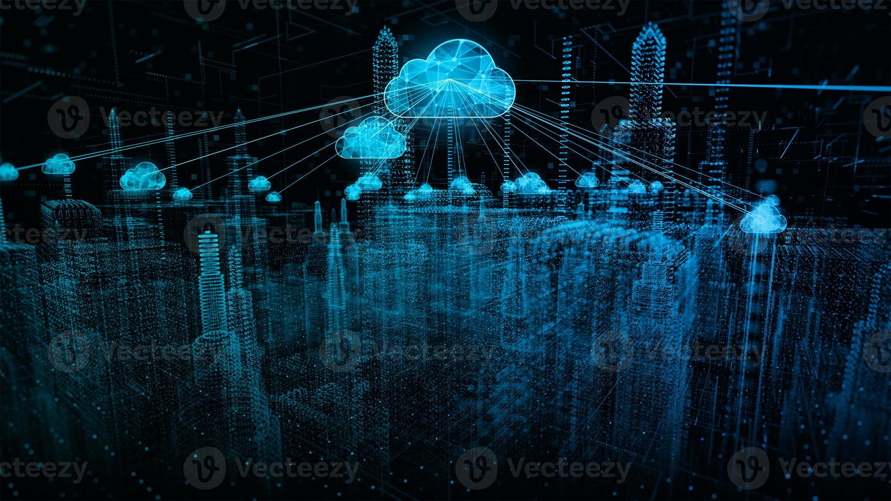 ciudad inteligente de datos digitales de ciberseguridad de tecnología futurista y de computación en la nube utilizando inteligencia artificial, conexión a Internet de alta velocidad 5g y concepto de fondo de análisis de grandes datos. foto