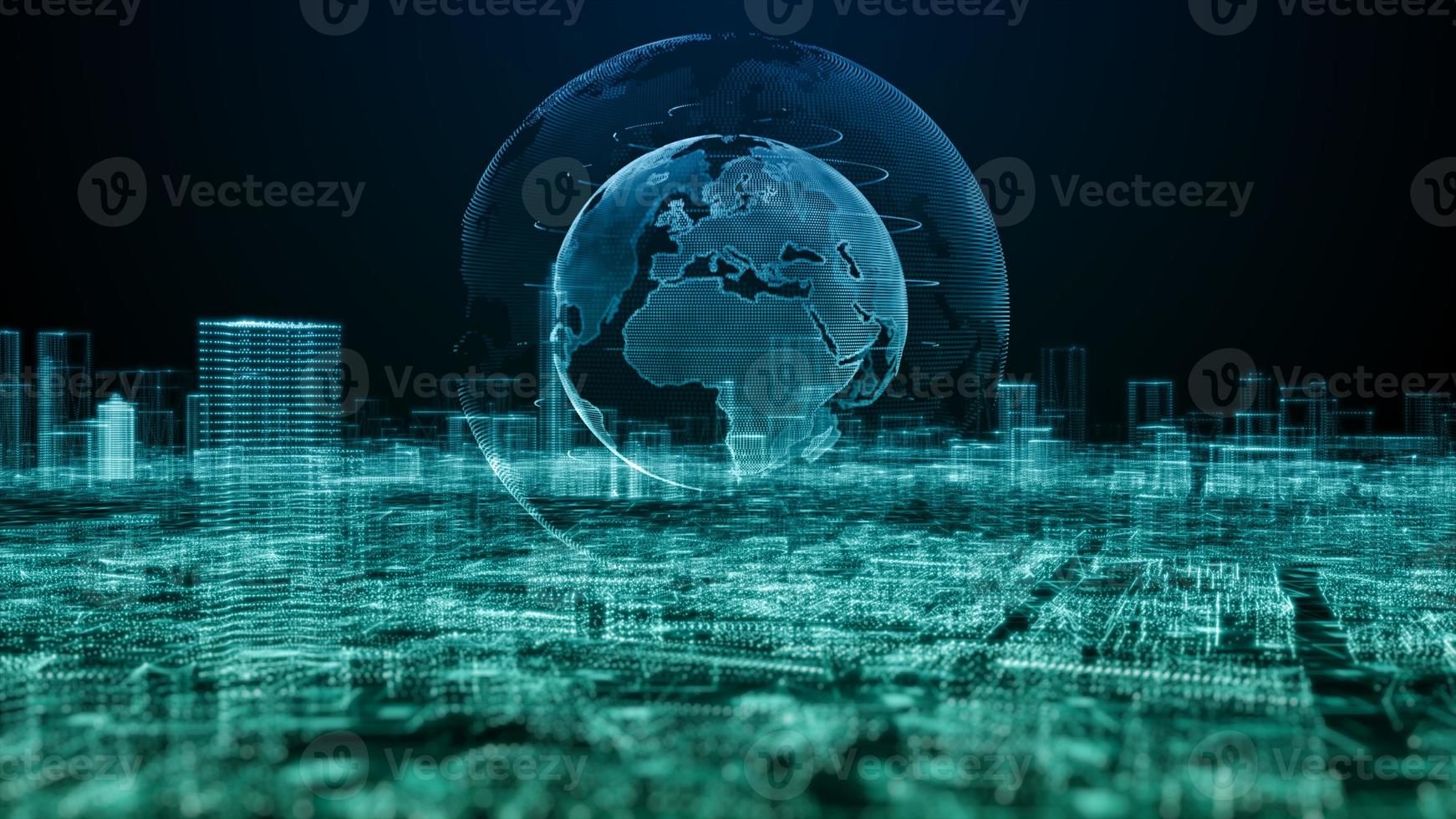 Smart city, Digital cyberspace with particles and Digital data Network connections, Global 5g high speed internet connection and Data analysis process big data background concept. photo