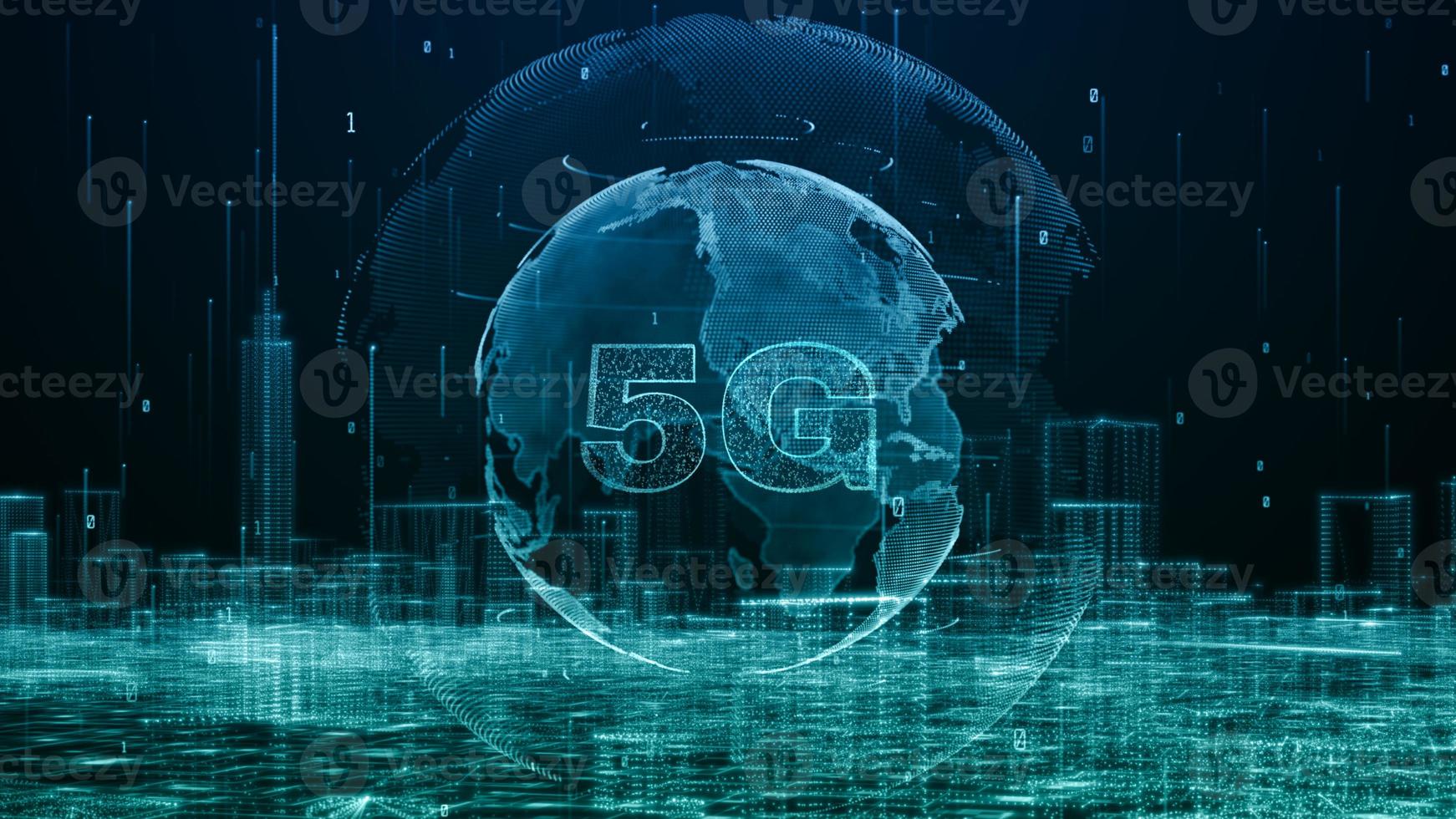 ciudad inteligente, ciberespacio digital con partículas y conexiones de red de datos digitales, conexión global a Internet de alta velocidad 5g y proceso de análisis de datos concepto de fondo de big data. foto