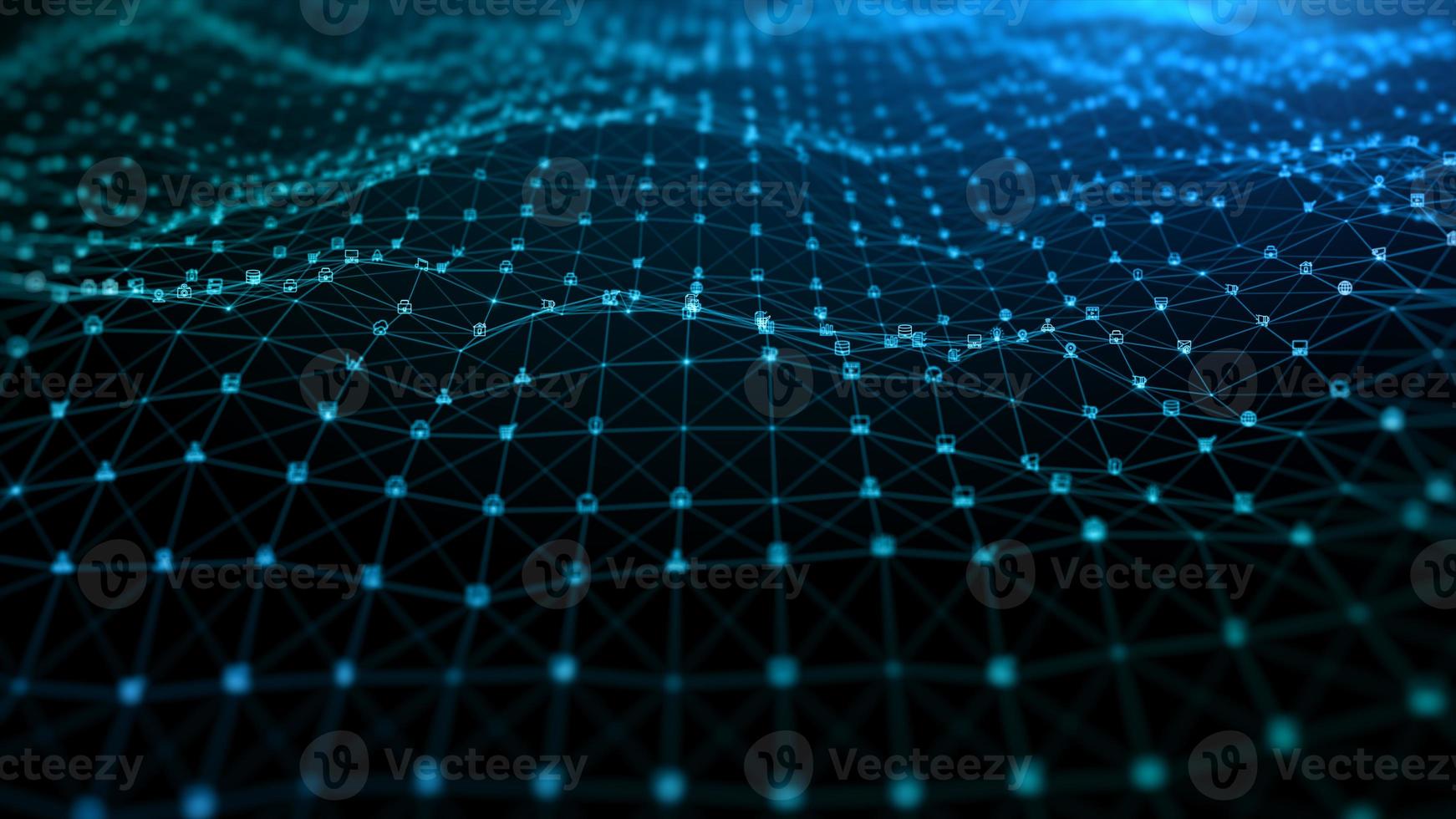 Blue digital particles wave and Digital data network connections for technology background concept, Future communication or social media internet connection background. photo