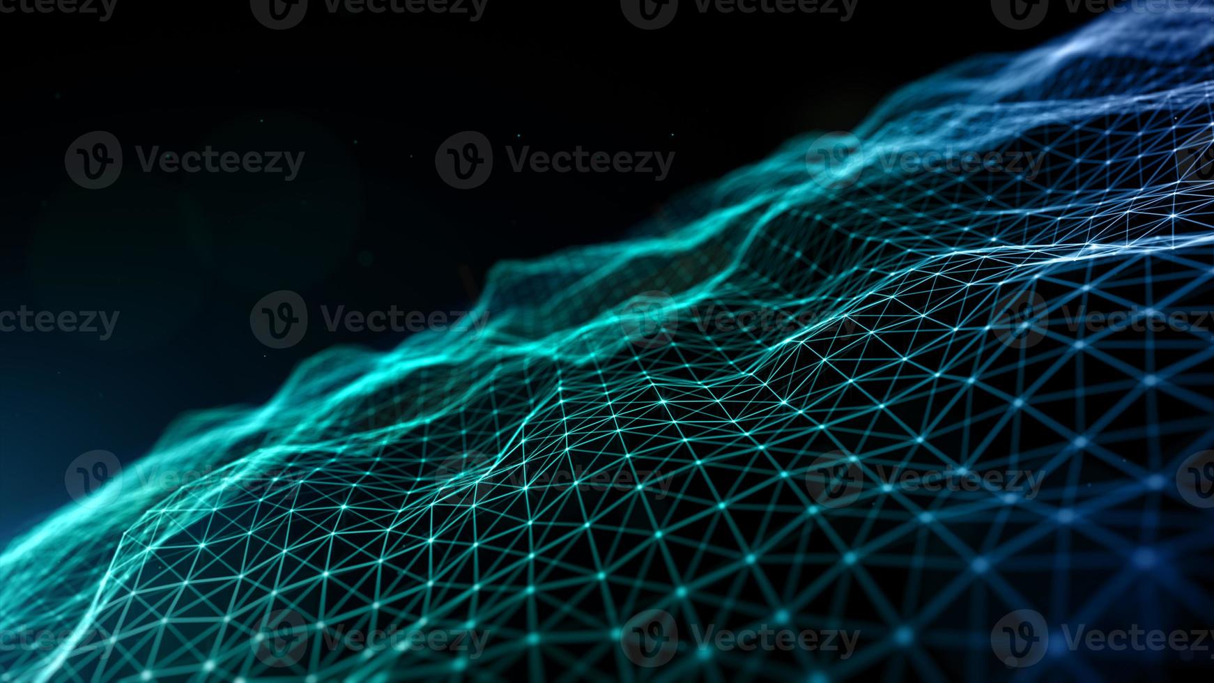 Digital cyberspace futuristic, Green and Blue color particles wave flowing with lines and dots connection, Technology network abstract background. 3d rendering photo