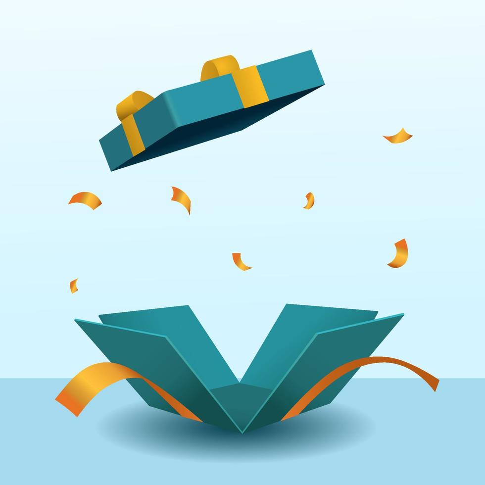Surprise open dark blue gift box isolated with orange ribbon 3d style vector