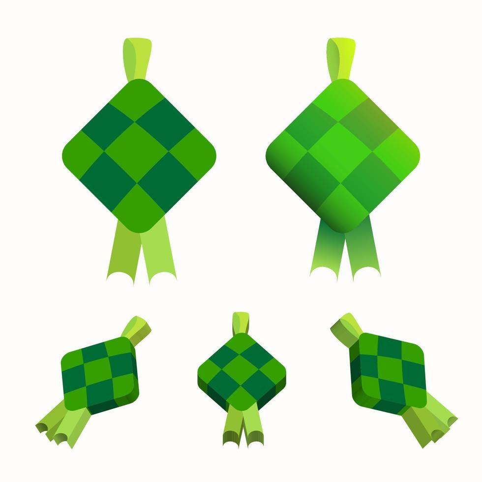flat and 3d style ramadan islamic traditional food ketupat element icon set vector