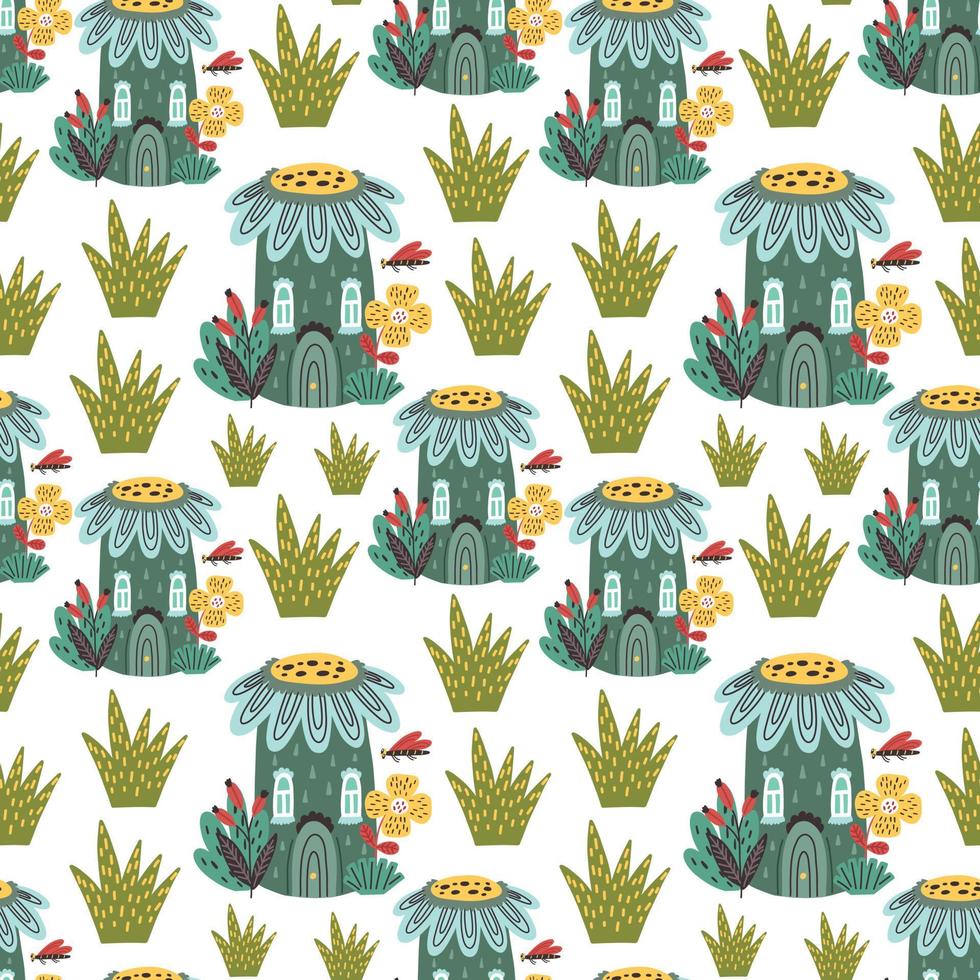 Pattern forest magic gnome houses vector