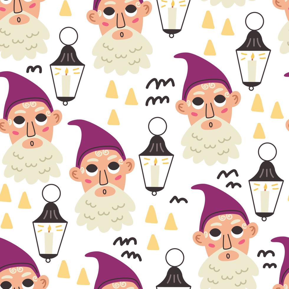 Pattern cute gnome face with lantern vector