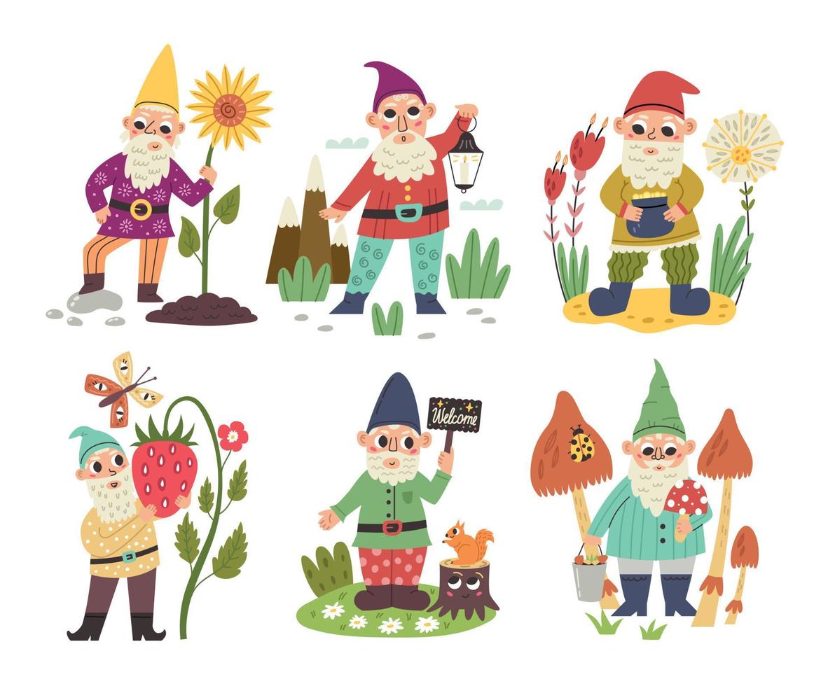 establecer personajes vectoriales gnomos del bosque vector