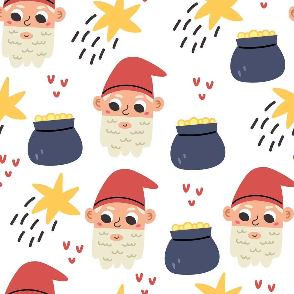 Cute gnome face pattern with pot gold coins vector