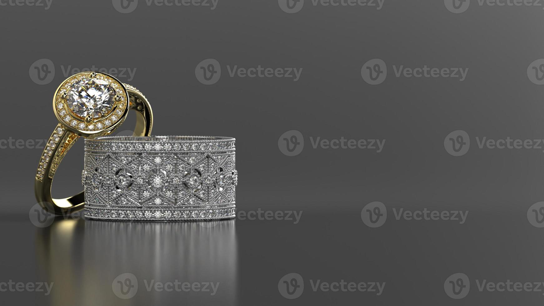 engagement ring with wedding band 3d render in yellow white gold photo