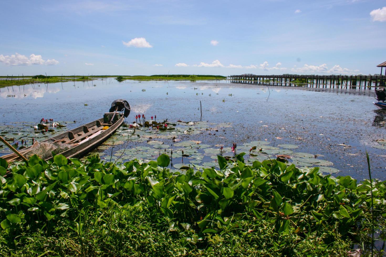 A wooden boat takes a tour of the nature in the lake. 2 photo