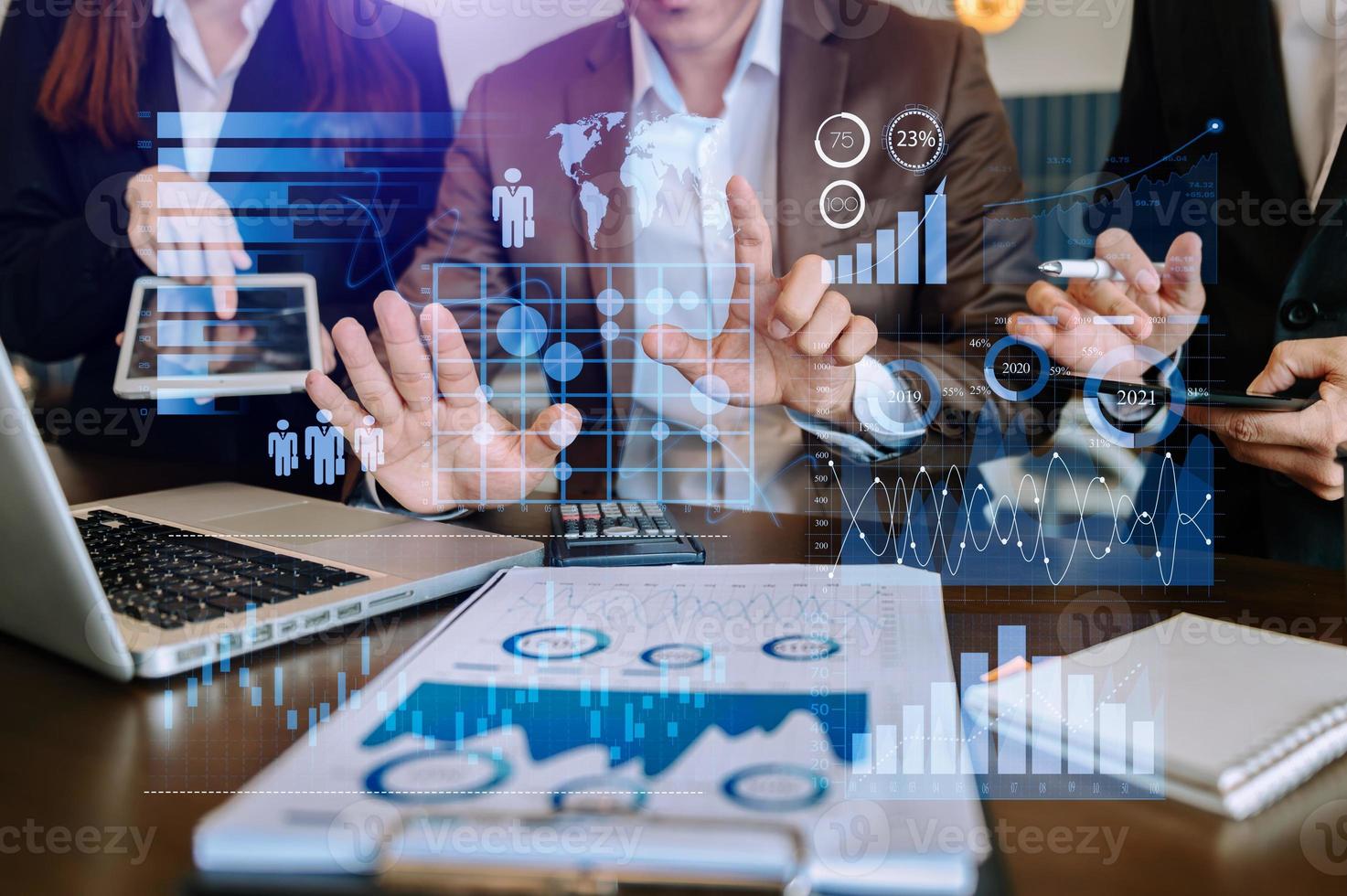 Data Management System with Business Analytics concept. business team hands working with provide information for Key Performance Indicators and marketing analysis photo