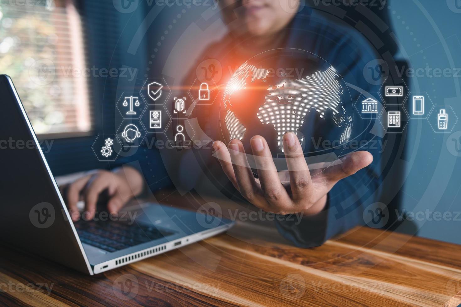 Technology Internet Banking, Digital Transaction Network Concept. Business Woman Accessing Online Banking for Digital Financial Transaction on Technology Hologram. Futuristic Intelligence Banking Data photo