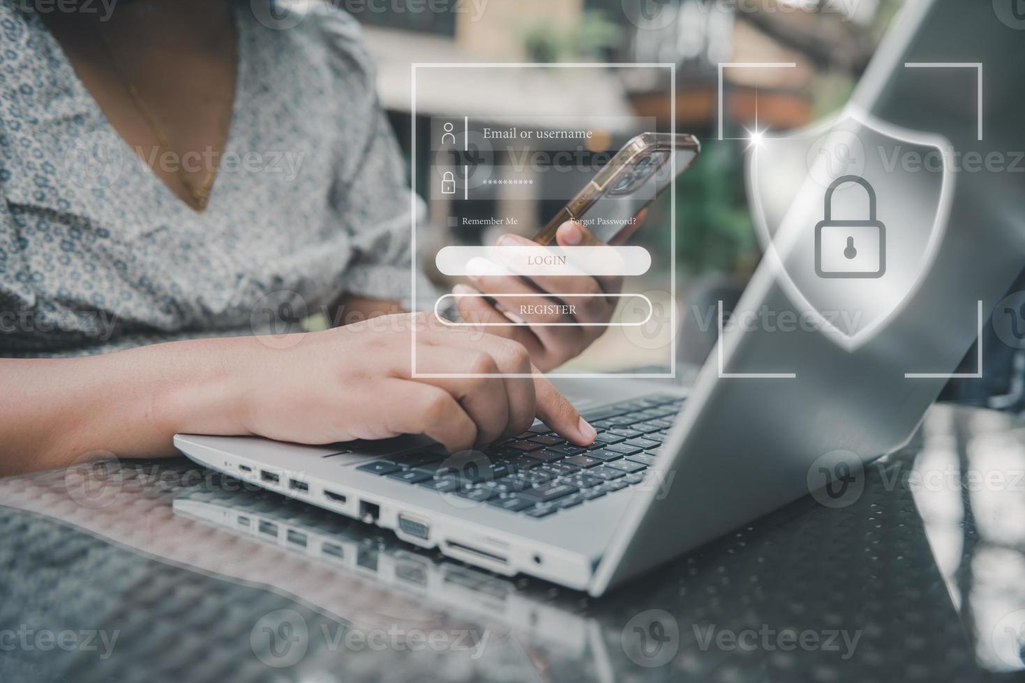Personal Data Access and Technology Security for Business Financial. Business Woman Using Mobile While Accessing Private Data on Laptop. Technology Database Security Network System for Global Business photo
