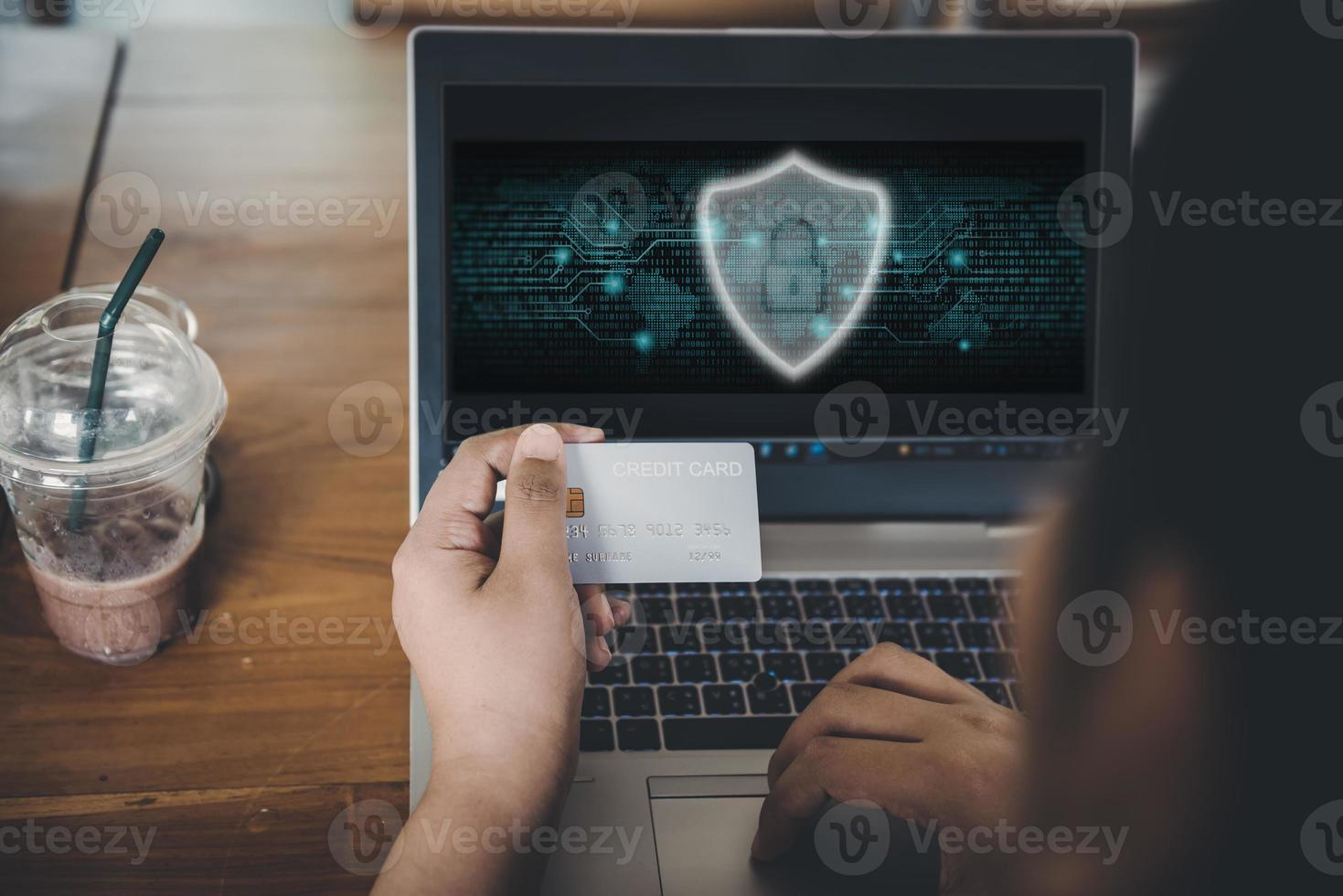 Personal Data Access and Technology Firewall Security for Business Financial.  Businesswoman Using Laptop and Credit Card While Accessing Private Data on Security Network System. Business Finance photo