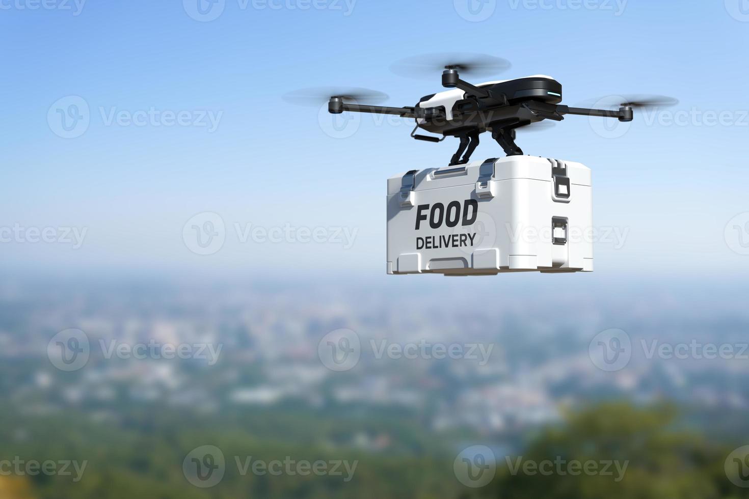 drone de entrega de alimentos, robot de entrega autónomo, concepto de transporte aéreo comercial. foto