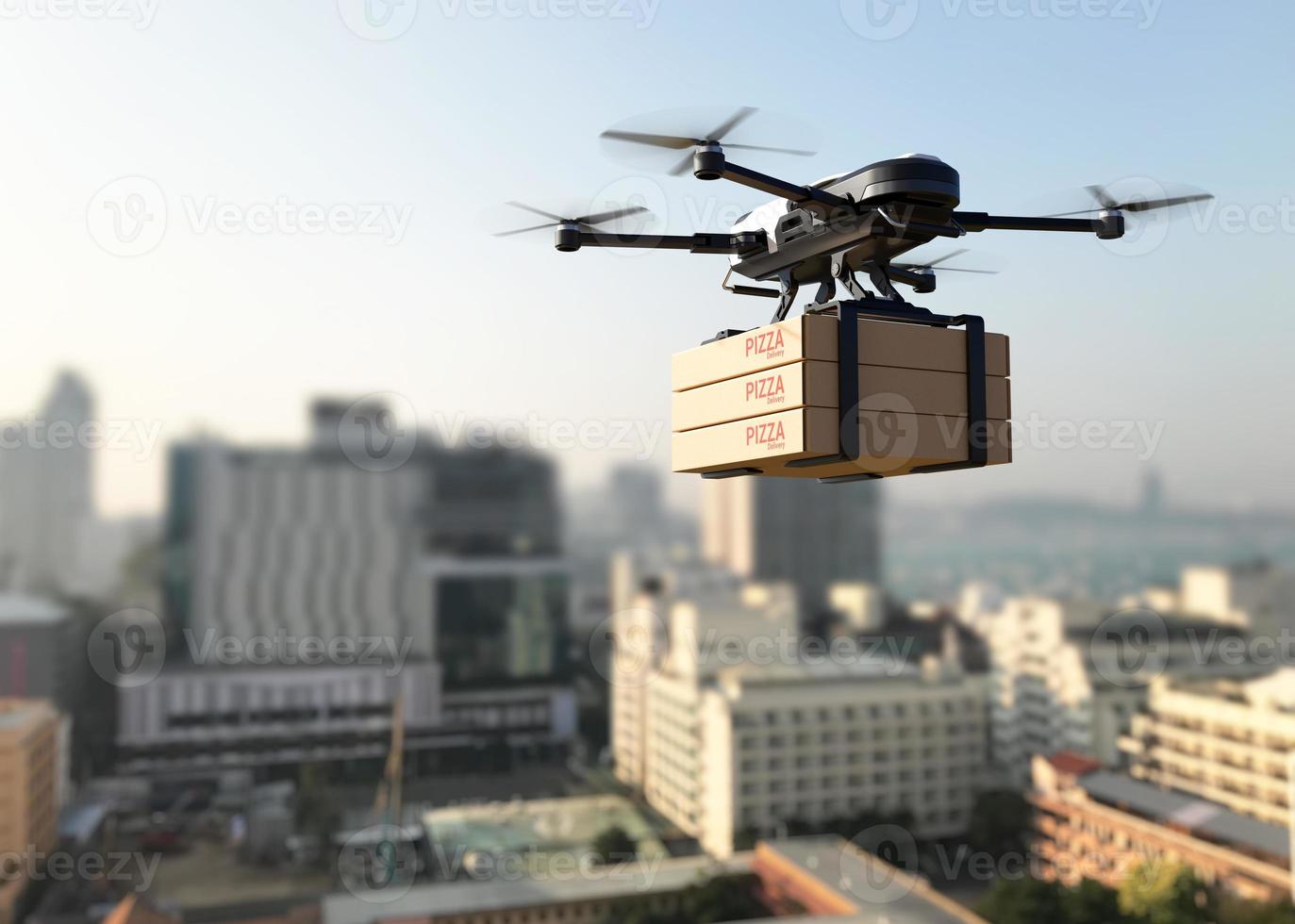 drone de entrega con caja de pizza, transporte aéreo de negocios foto
