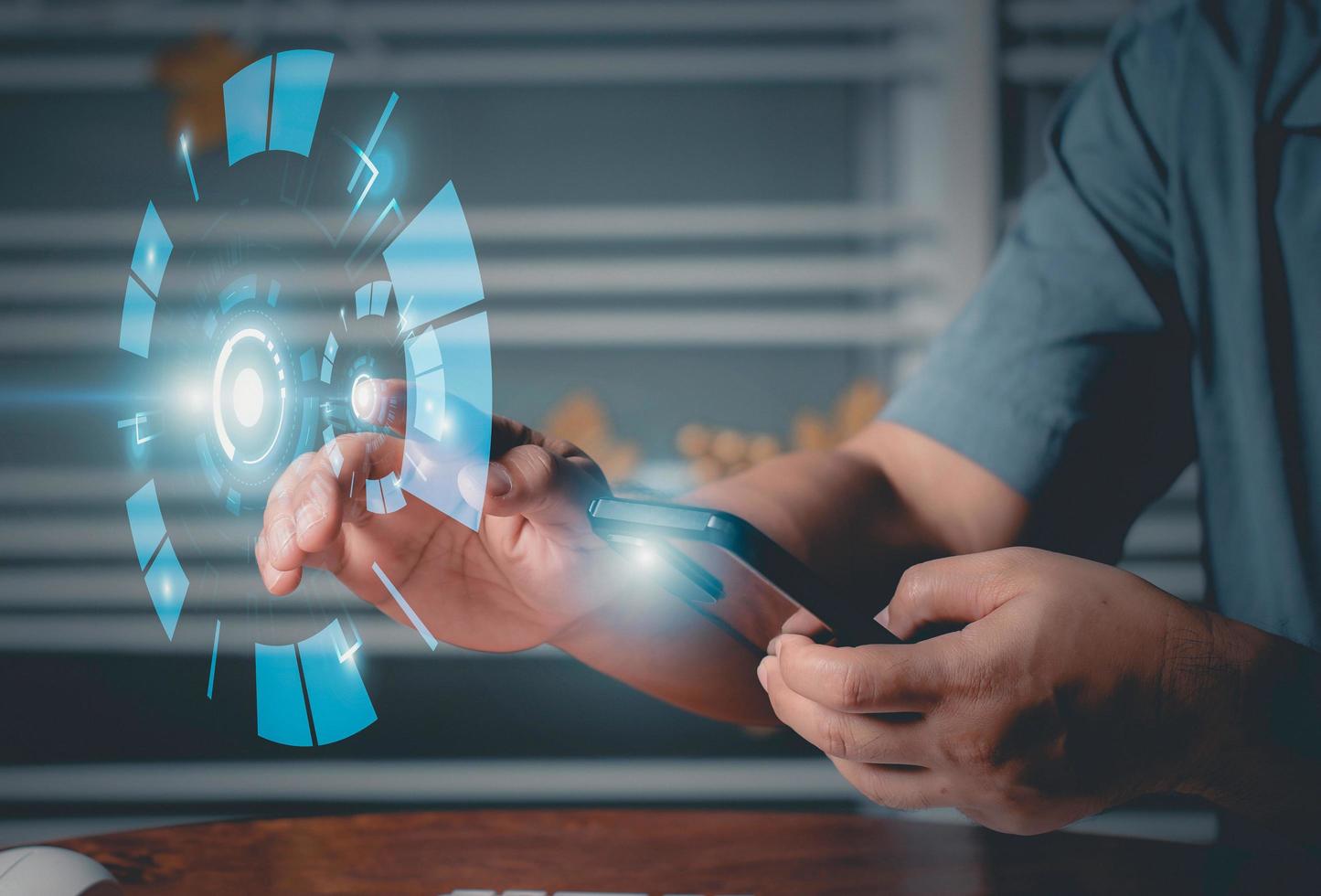 Man hand touching complex circular diagram on virtual screen with copy-space, innovation, network, big data and internet concept, Technology abstract background. photo
