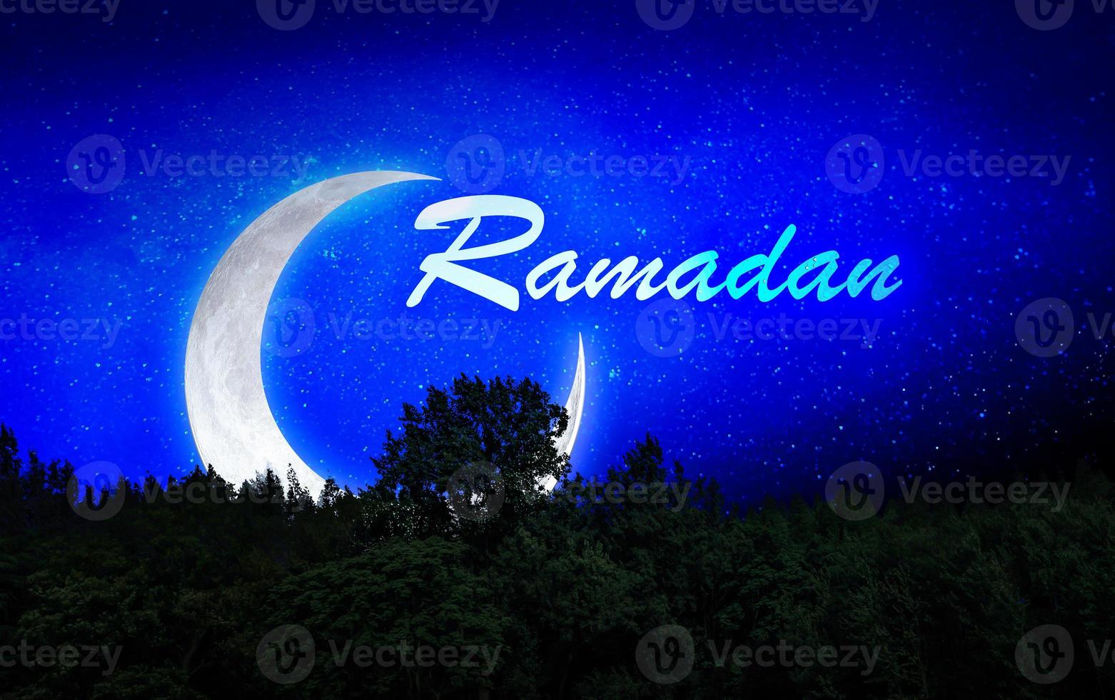 Natural sky lettering of Ramadan Kareem with moon. Background night sky with stars, moon and clouds. The image of the moon of incomparable beauty. 3D rendering or 3D rendering. photo