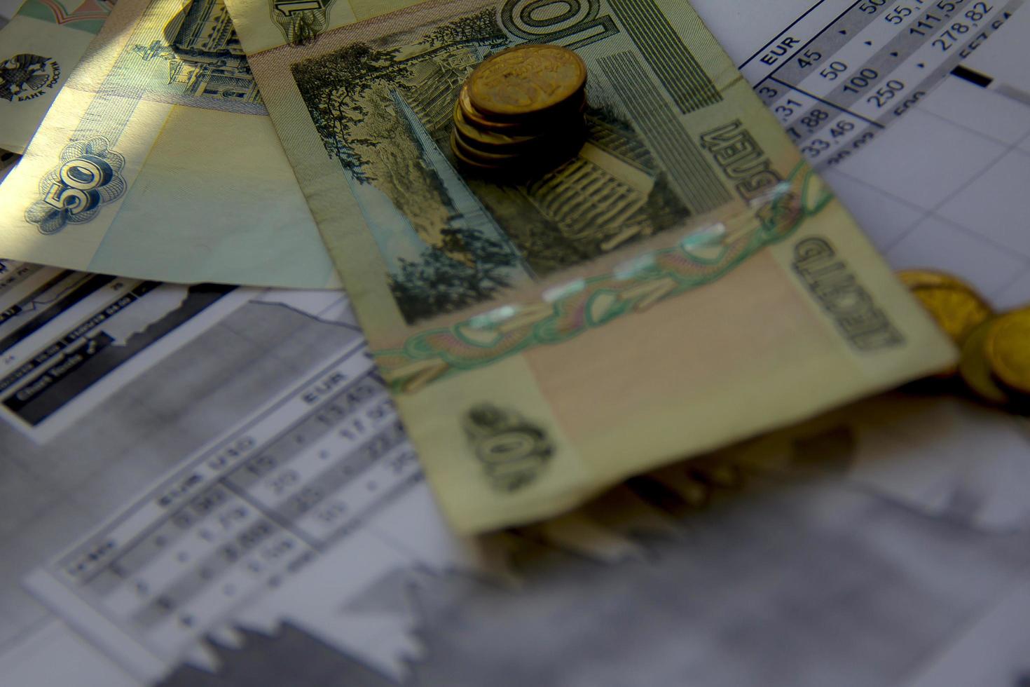 Russian paper money 10 rubles, 50 rubles. 10 kopecks. Exchange rate ruble dollar, euro. graphs. savings, increased pensions in Russia. insurance, payments, allowance, duties, VAT increase, budget. Mat photo