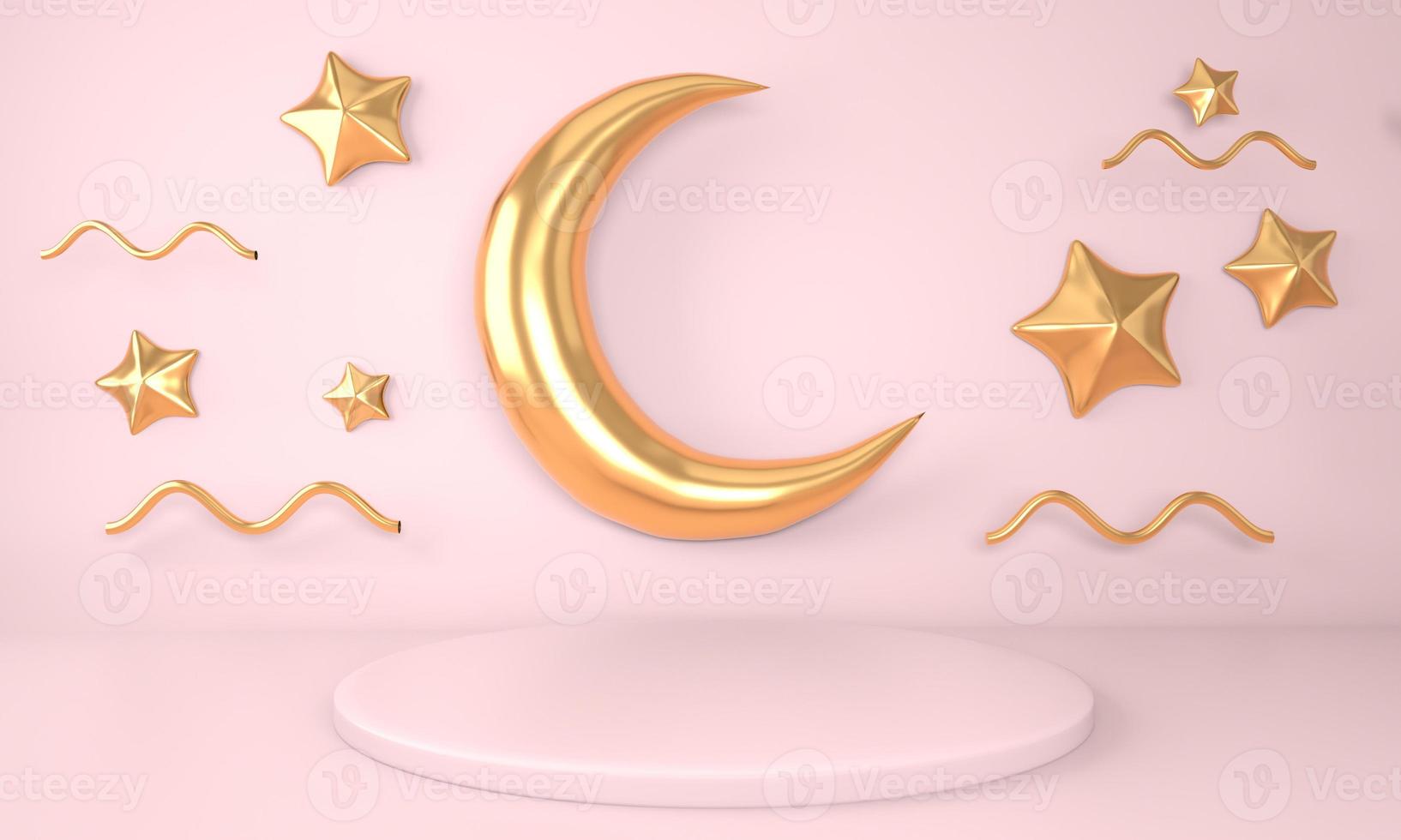 Ramadan Kareem greeting template with moon. Podium, stand on holiday light background for advertising products - 3d render illustration for cards, greetings. photo