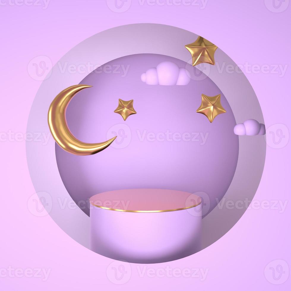 Ramadan Kareem greeting template with moon. Podium, stand on holiday light background for advertising products - 3d render illustration for cards, greetings. photo