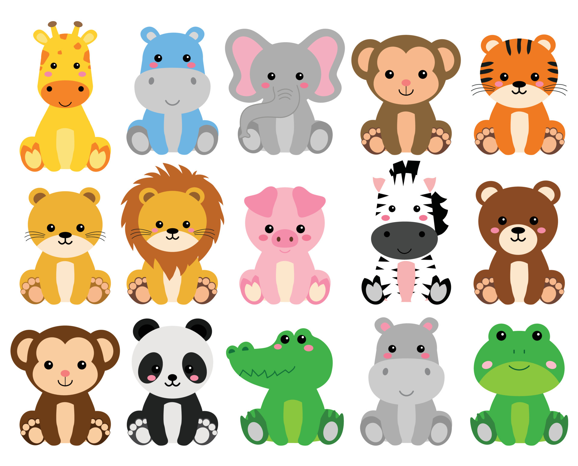 Cute wild animals set including lion, tiger, hippo, bear, zebra, giraffe,  and elephant. Safari jungle animals vector. Woodland animal illustration  6973880 Vector Art at Vecteezy