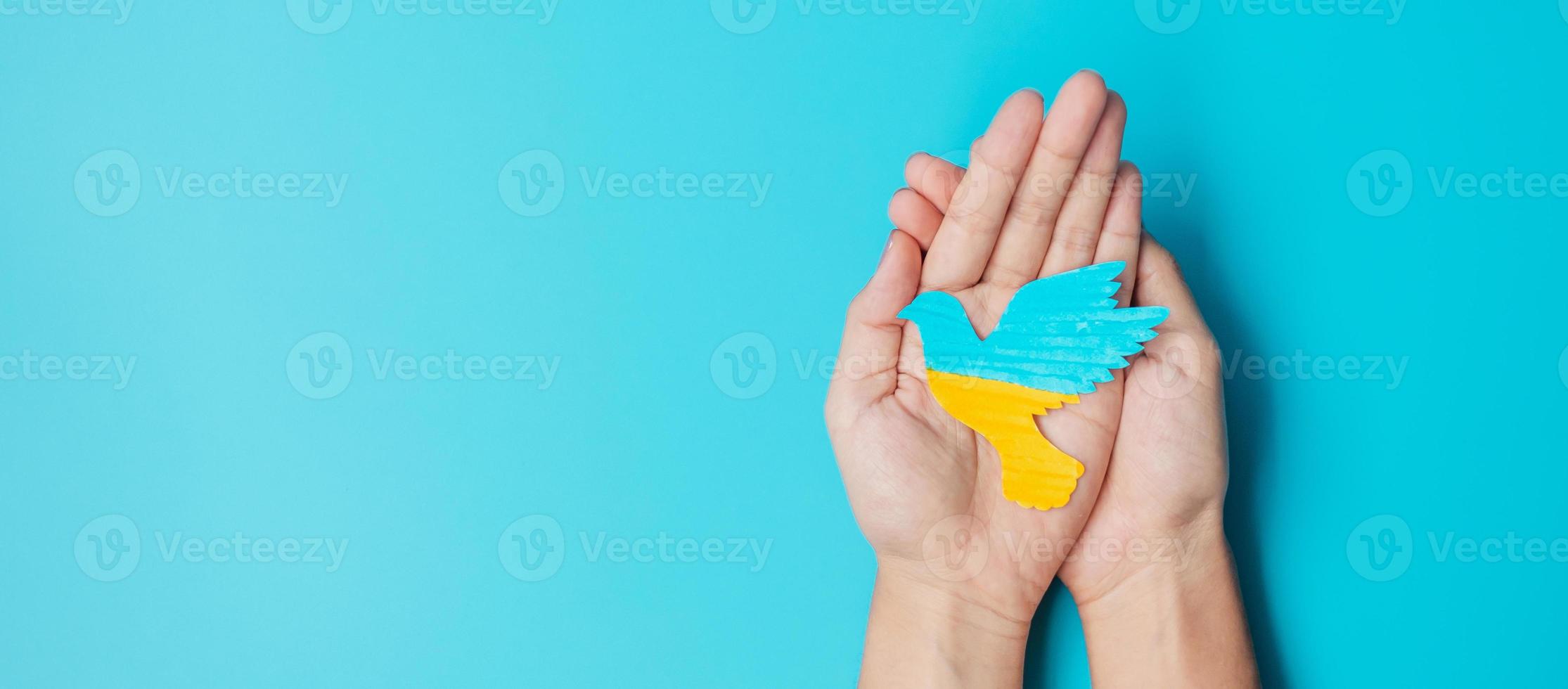 Support for Ukraine in the war with Russia, Hands holding peace dove with flag of Ukraine. Pray, No war, stop war and stand with Ukraine concepts photo