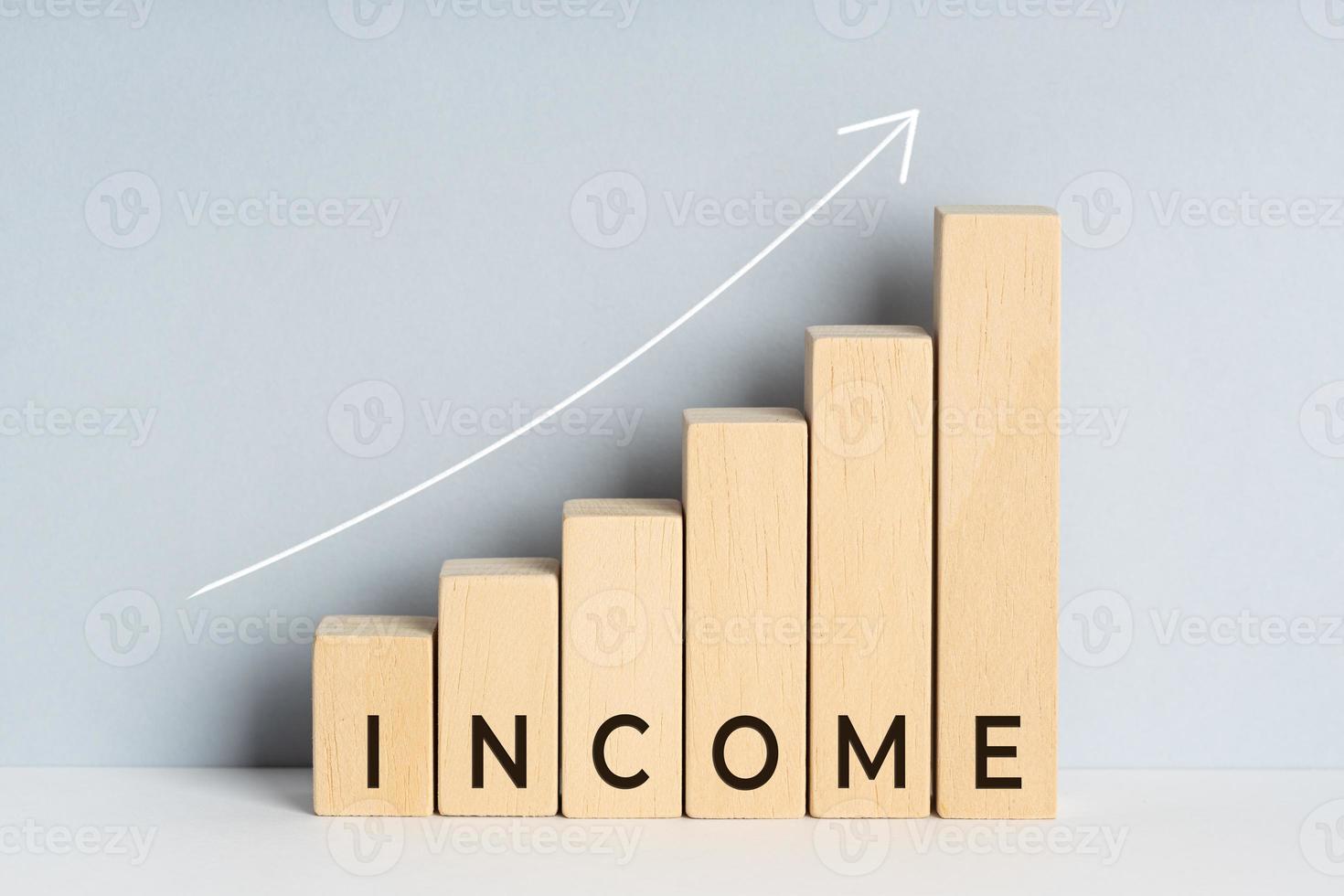Income growth concept. Wooden block bar chart graph with text and upward trend line drawn on background. Copy space photo