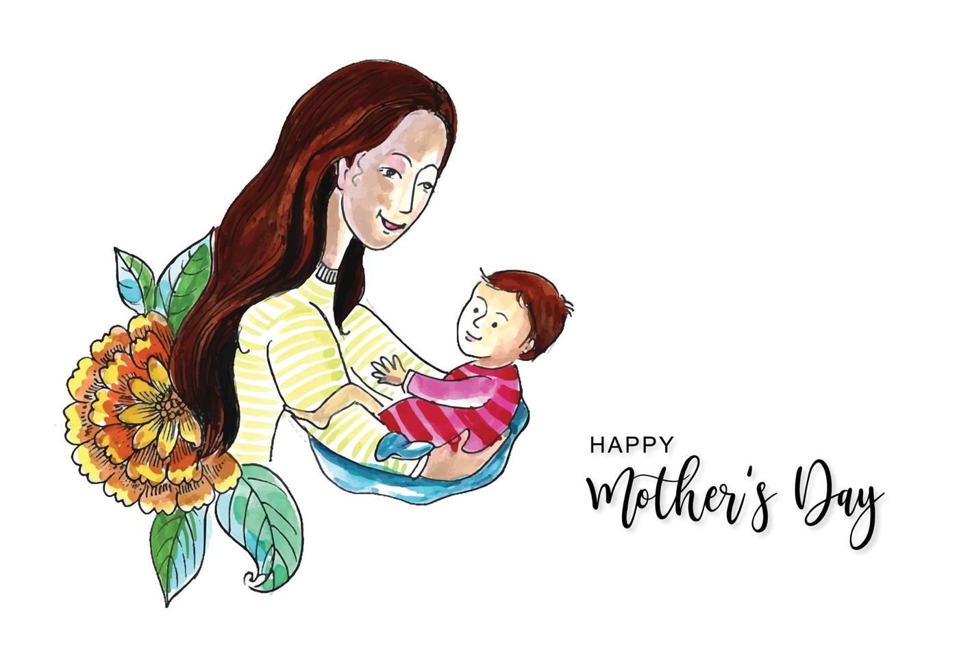 Hand draw happy mothers day mom and child love card background vector