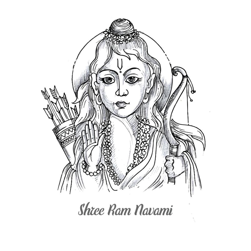 Hand draw sketch lord shri ram navami card background vector