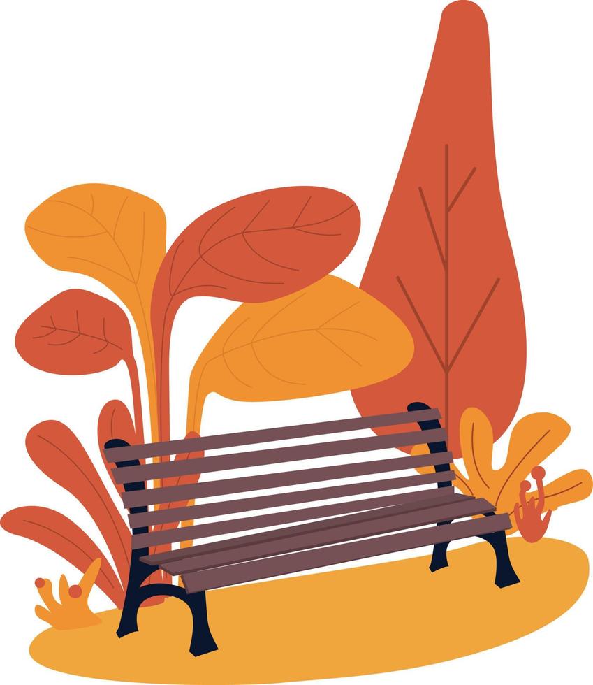 Wooden bench surrounded by autumn scenery semi flat color vector object
