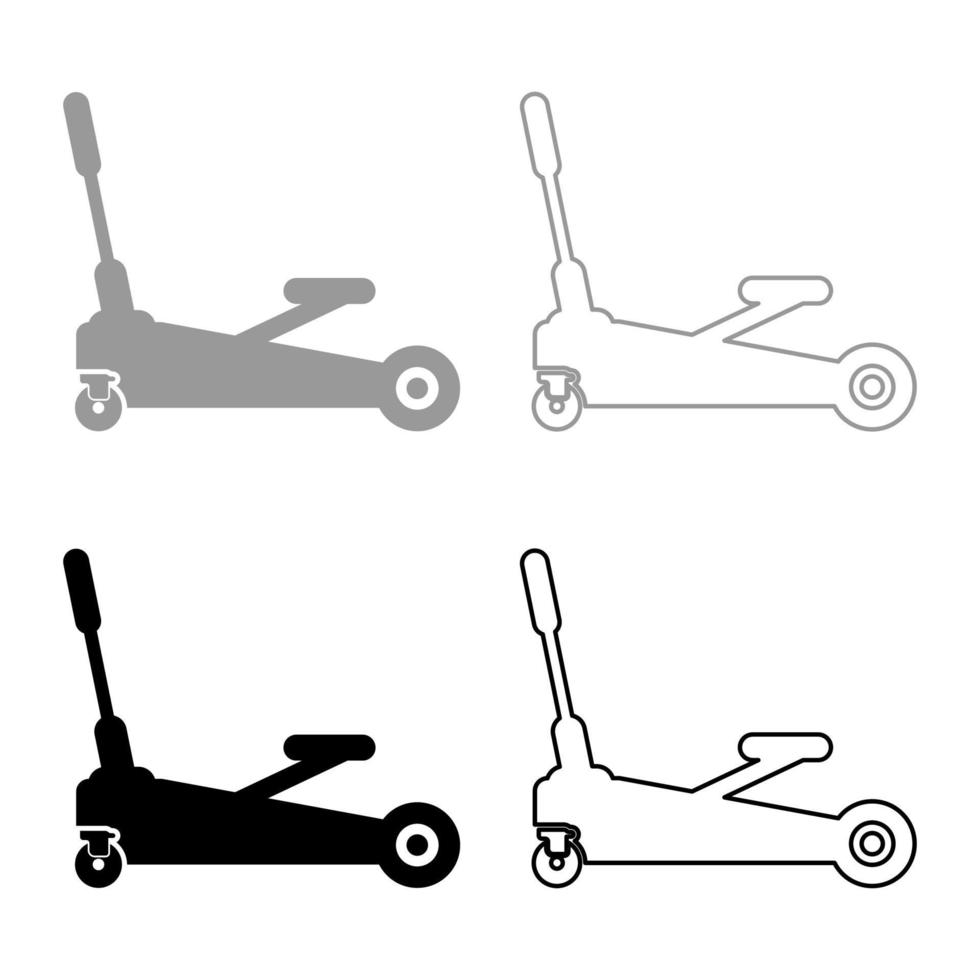 Lifting jack hydraulic car on wheels auto repair service set icon grey black color vector illustration image solid fill outline contour line thin flat style