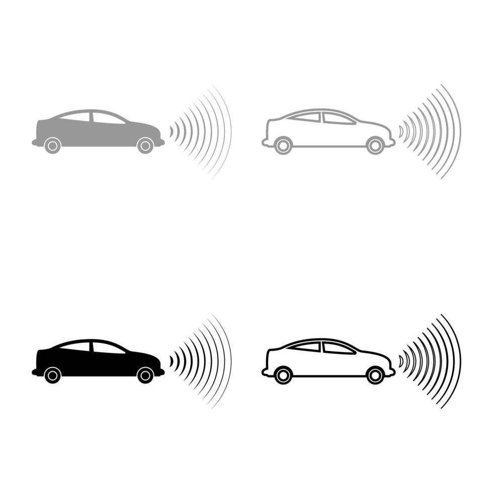 Car radio signals sensor smart technology autopilot front direction set icon grey black color vector illustration image solid fill outline contour line thin flat style