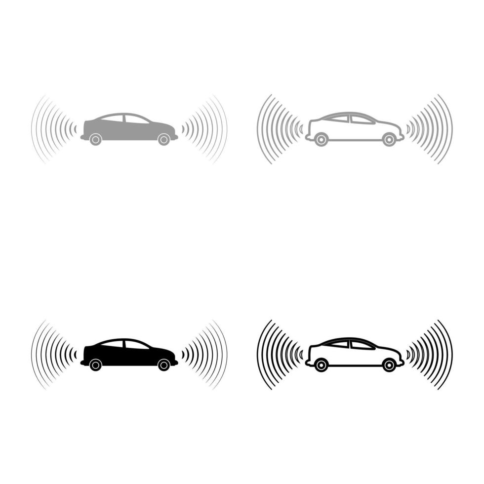Car radio signals sensor smart technology autopilot front and back direction set icon grey black color vector illustration image solid fill outline contour line thin flat style